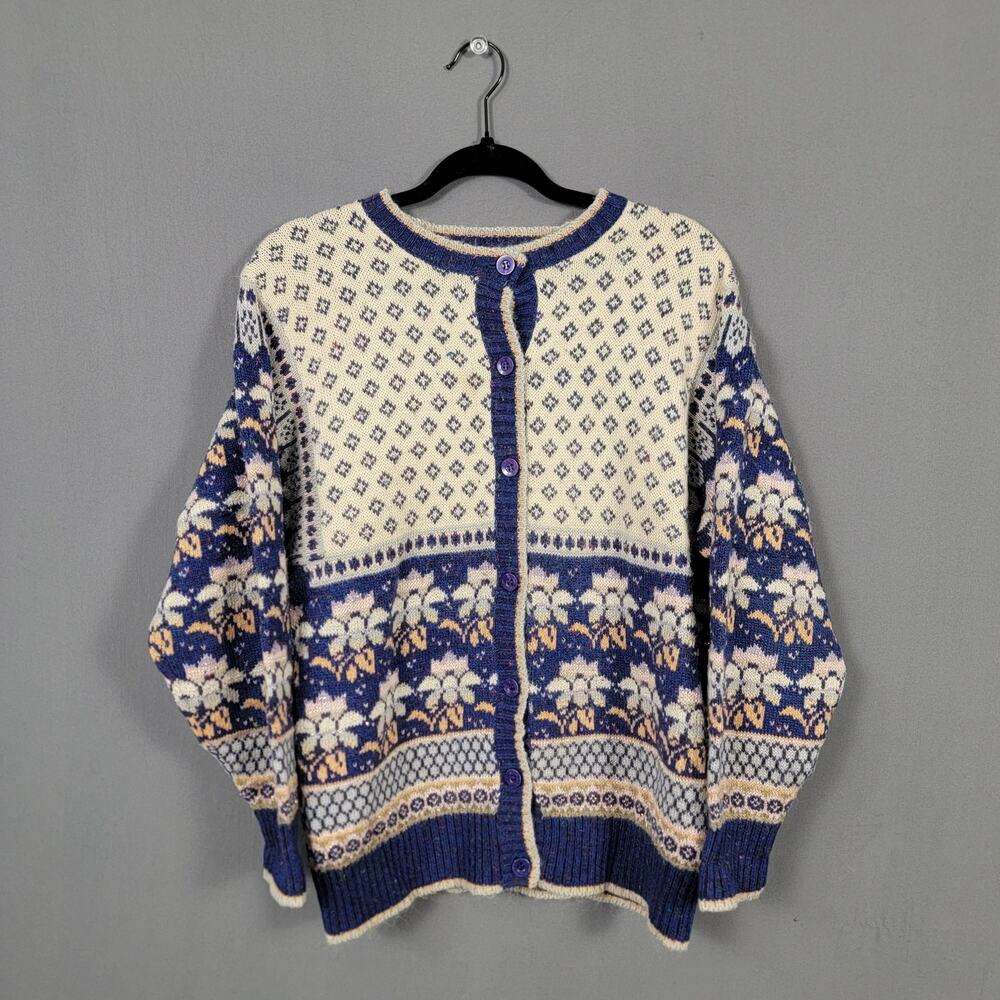 Vintage Fair Isle Wool Blend Nordic Floral Grandpa Cardigan Sweater Blue